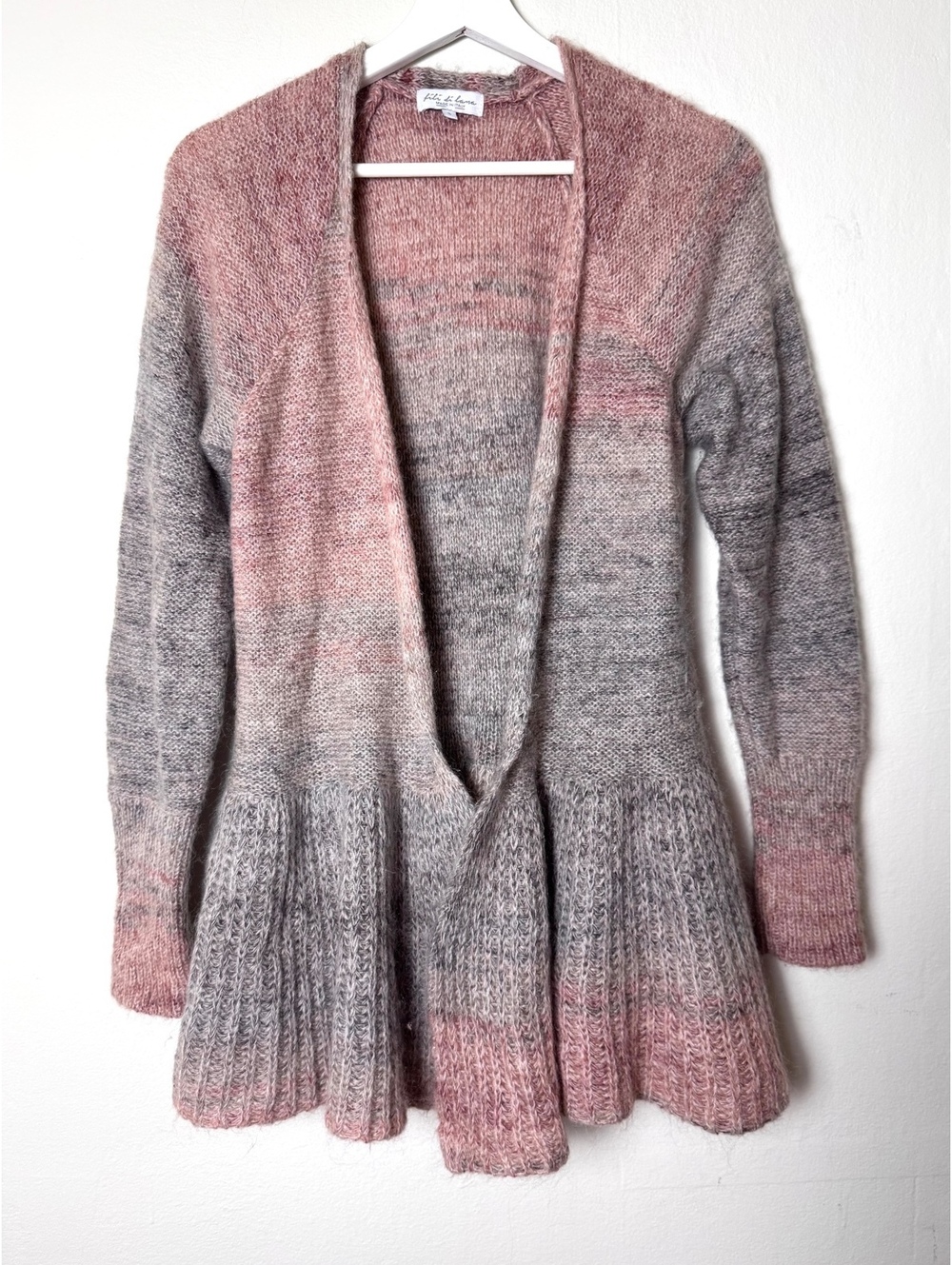Pink grey Italian cardigan sweater with ruffled bottom long sleeve mohair size S